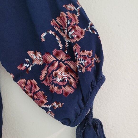 Unity World Wear Sz S Floral Navy Peasant Top Smocked 3/4 Sleeves Boho Blouse - Picture 2 of 11